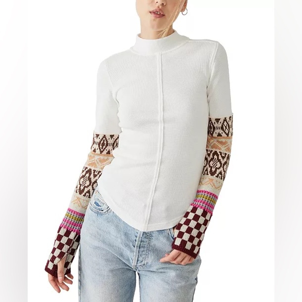Free People White Thermal Long Sleeve Top with Multicolor Patterned Sleeves